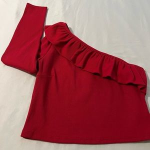Anthropologie Top Women L One Shoulder RuffleTop Hem Red Long Sleeve Flirty Sexy